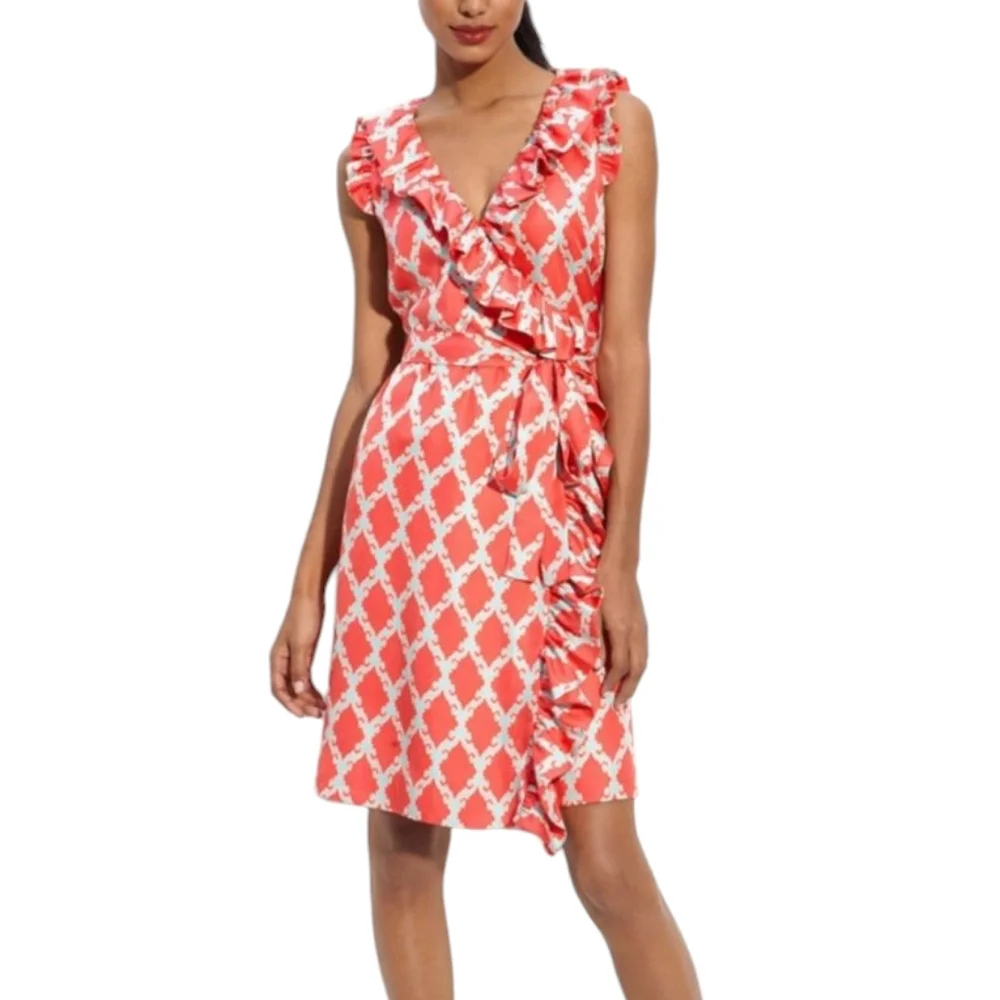 kate spade Coral and White Ruffle Wrap Dress
